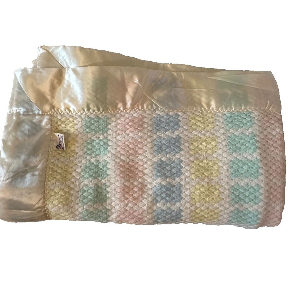 Quiltex Baby Blanket Pastel Vintage Weave Satin Edge Union Made  36x51"